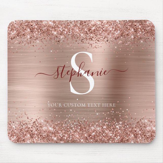 Mousepad Monograma Rosa Dourado Glitter Girly Glam (Frente)