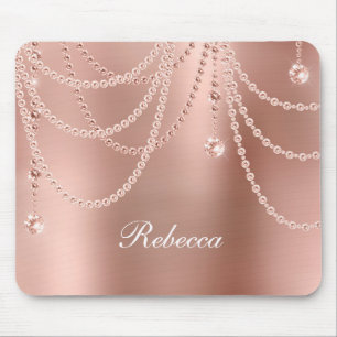 Mousepad Monograma Rosa Dourado Pérolas Diamantes Bling Gla