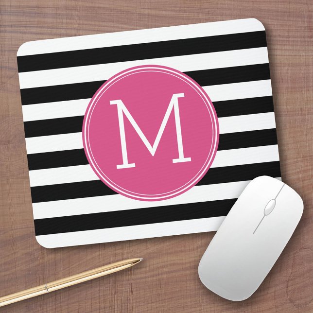 Mousepad Monograma Rosa Quente, de Padrão Preto e Branco (Custom Mousepad)