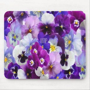Mousepad Monograma Roxo Azul Branco Pensamento Floral Flore