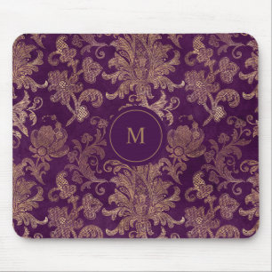 Mousepad monograma roxo real de damasco de ouro