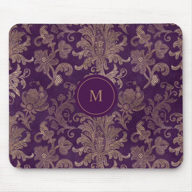 Mousepad monograma roxo real de damasco de ouro (Frente)