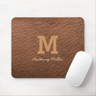 Mousepad Monograma Rustic Brown Leather Name Script Modern