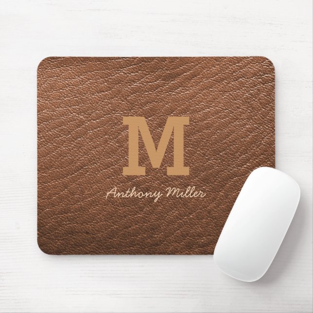 Mousepad Monograma Rustic Brown Leather Name Script Modern (Com mouse)