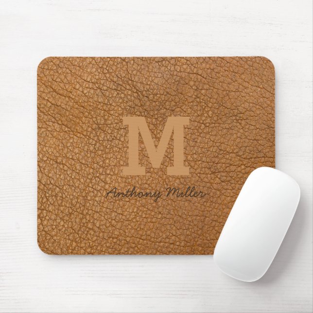 Mousepad Monograma Rustic Brown Leather Name Script Modern (Com mouse)