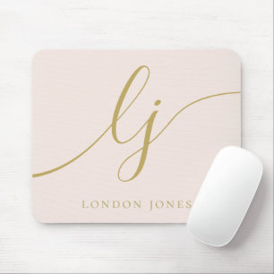 Mousepad Monograma Script Elegante Girly Blush Rosa Dourado