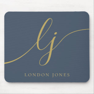 Mousepad Monograma Script Elegante Marinho Azul Dourado Fem