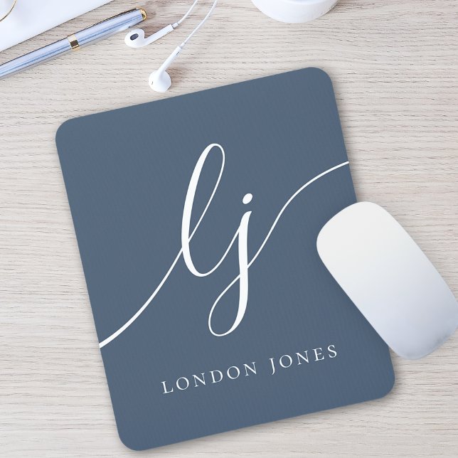 Mousepad Monograma Script Elegante Marinho Feminina Azul (Criador carregado)