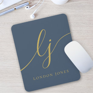 Mousepad Monograma Script Feminina Elegante Marinho Azul Do