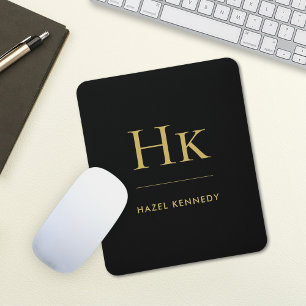 Mousepad Monograma Simples Elegante Preto Clássico Dourado