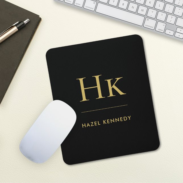 Mousepad Monograma Simples Elegante Preto Clássico Dourado (Criador carregado)