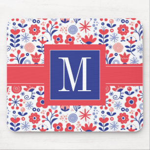 Mousepad Monograma teste padrão floral azul & coral de