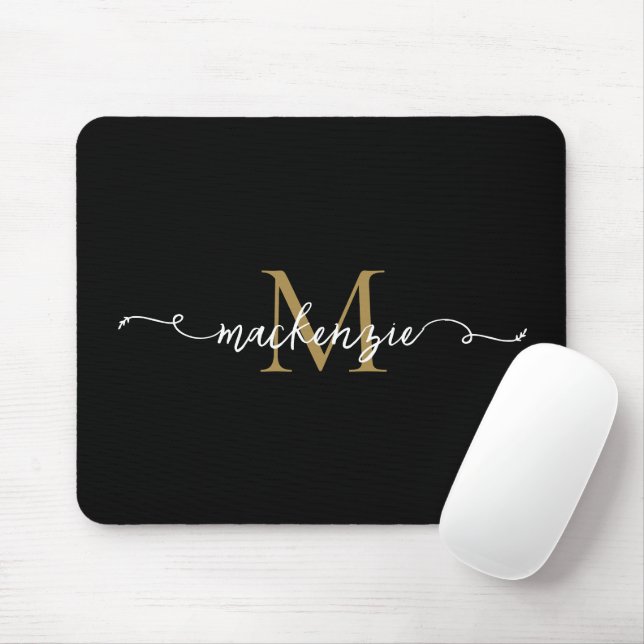 Mousepad Monograma Tipografia Script Dourado Preto Fofo (Com mouse)
