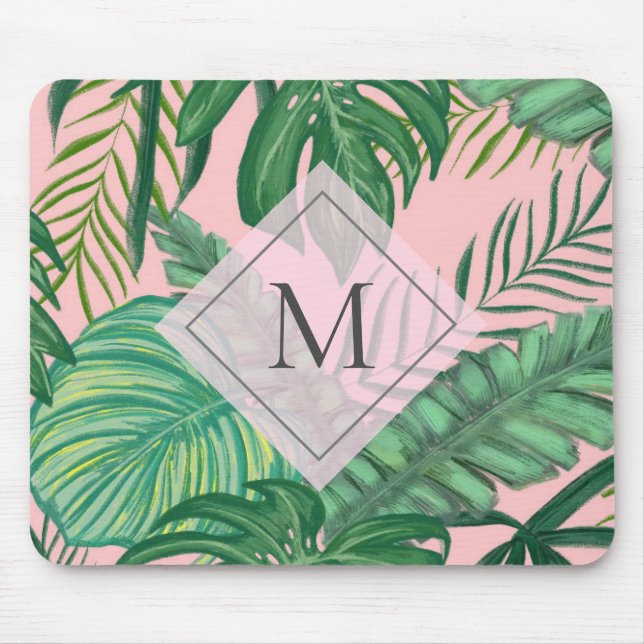 Mousepad Monograma Tropical Botânica De Cor Viva Rosa (Frente)
