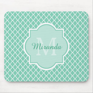 Mousepad Monograma Verde De Quatrefoil Elegante Com Nome