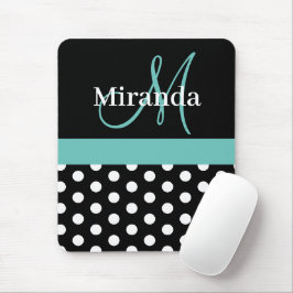 Mousepad Monograma Verde Teal Bolinhas Branca Preta