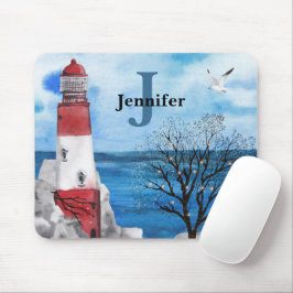 Mousepad Monograma Vermelho e Azul Farol Arte de Aquarela