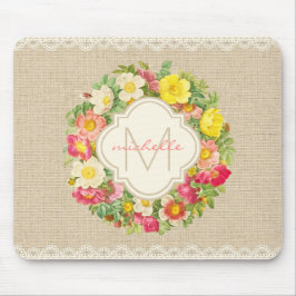 Mousepad Monograma Vintage Floral Wreath Linen Lace Mousepa