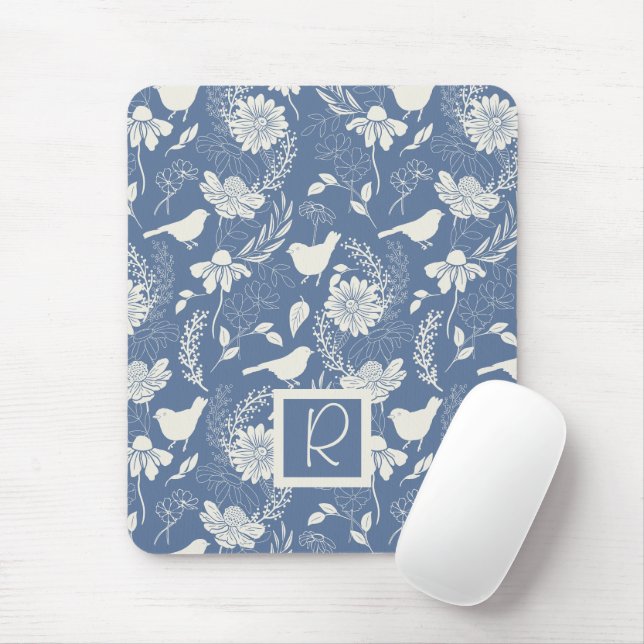 Mousepad Monogramado Azul e Creme Pássaros e Flores (Com mouse)