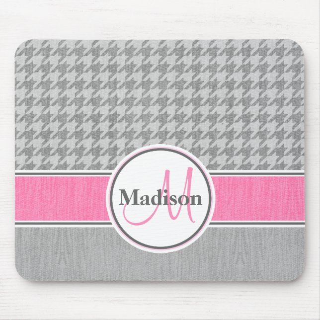 Mousepad Monogramas de Cinza rosa (Houndstooth) (Frente)
