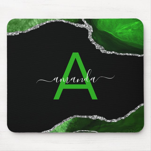 Mousepad Monogrammed Green Agate with Silver Glitter Accent (Frente)