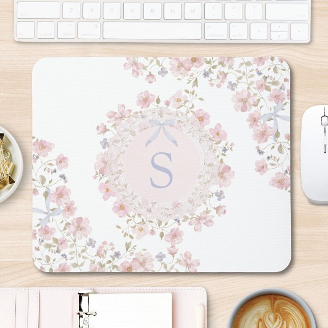 Mousepad Monogrammed Pink Flowers and Lace Floral (In situ)