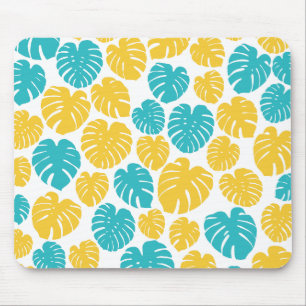 Mousepad Monstera deixa em turquesa, amarelo e branco