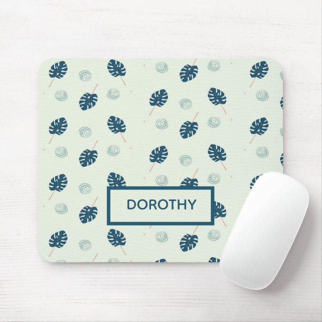 Mousepad Monstera tropical deixa monograma em azul (Com mouse)