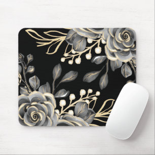 Mousepad Moody Cinza Dourada Black Floral Watercolor