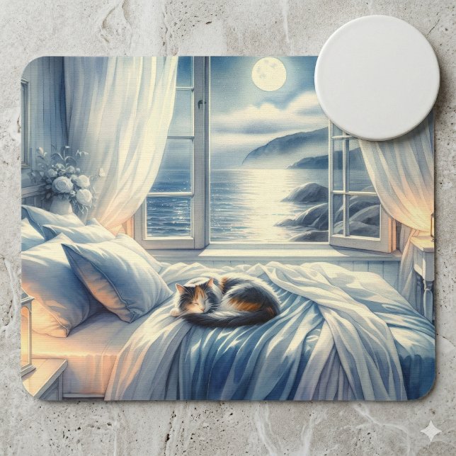 Mousepad Moonlit Coastal Bedroom with Sleeping Cat (Moonlit Coastal Bedroom with Sleeping Cat Mouse Pad)