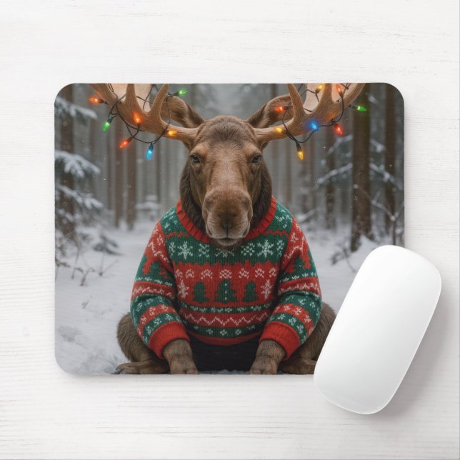 Mousepad Moose Wearing Ugly Christmas Sweater (Com mouse)