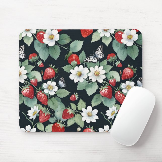 Mousepad Morango com Flores e Borboletas Pretas (Com mouse)