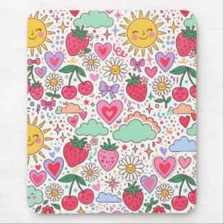 Mousepad Morango Fofo Retro, Sol e Corações Felizes 