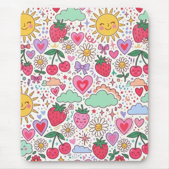 Mousepad Morango Fofo Retro, Sol e Corações Felizes  (Frente)