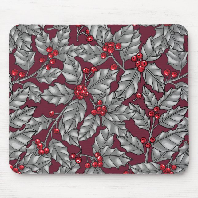 Mousepad Morango Holly, folhas de cinza em vermelho escuro (Frente)