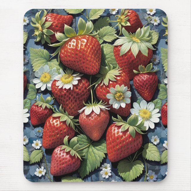 Mousepad Morangos Frescos Colhidos e Flores Brancas (Frente)