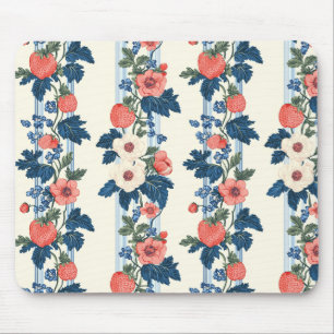 Mousepad Morangos Vintage e Folhas Azuis Padrão Floral
