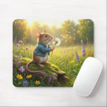 Mousepad Mouse Blowing Dandelion Seedlings<br><div class="desc">A charming mouse in a denim jacket sits on a log in a vibrant meadow,  blowing on a dandelion and watching its seeds float away in the sunlight</div>