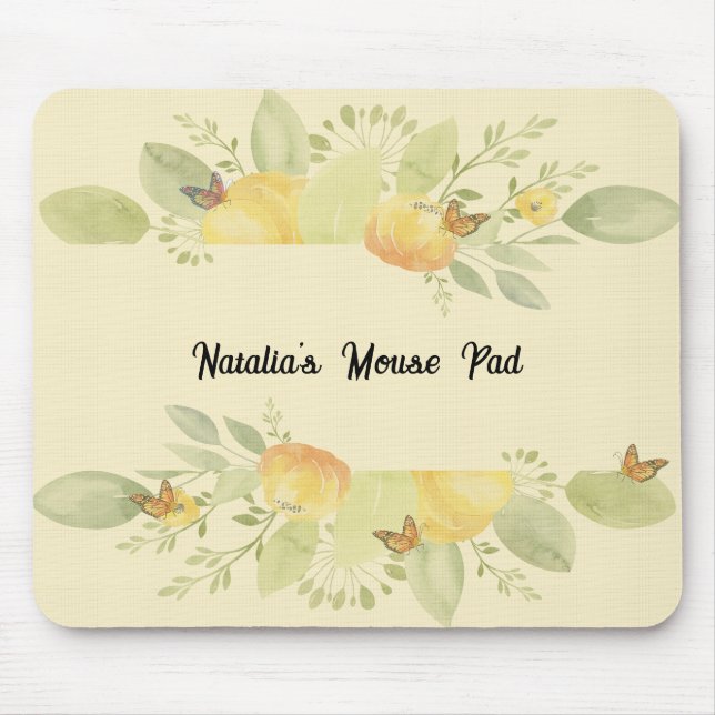 Mousepad Mouse com flores artísticas em amarelo pálido (Frente)