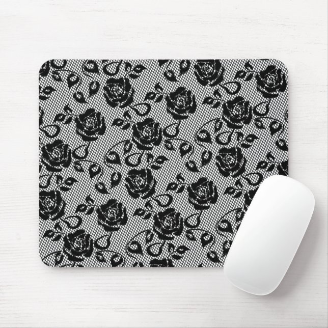 Mousepad Mouse com Rosa de renda preto Faux (Com mouse)