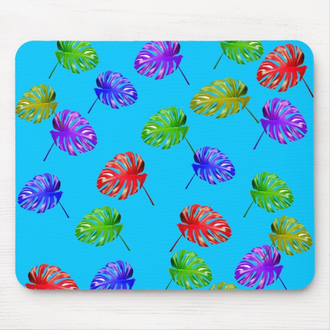 Mousepad Mouse de fundo azul de folhas tropicais (Frente)