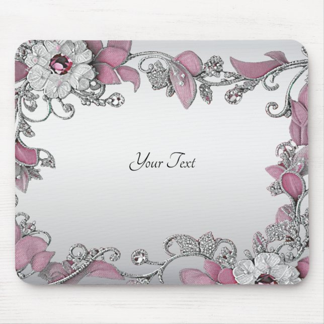 Mousepad Mouse Floral Branco Prateado Rosa (Frente)