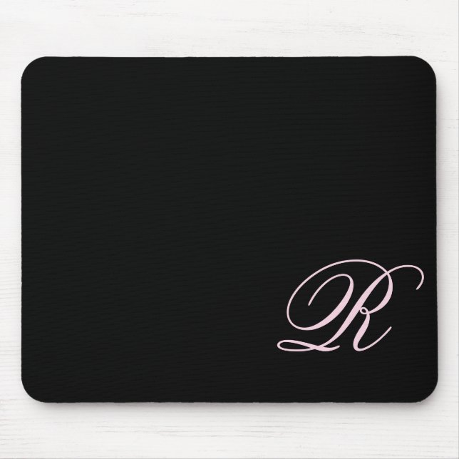 Mousepad Mouse Preto, Preto, com Script Monograma Rosa (Frente)