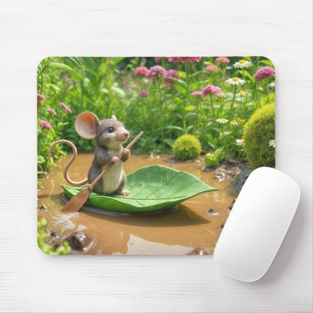 Mousepad Mouse Remando um Barco Verde Folha (Com mouse)