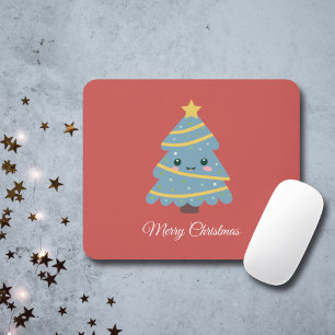 Mousepad Mouse Vermelho com Árvore de Natal Kawaii