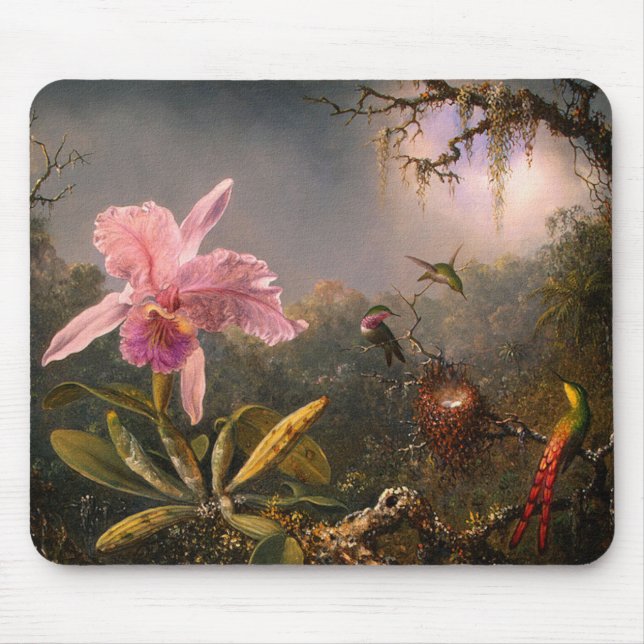 Mousepad Mousepad: Orquídea de Cattleya e Três Aves Humming (Frente)