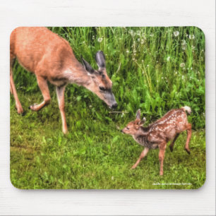 Mousepad Mule Deer Fawn e Mãe Foto da Vida Selvagem