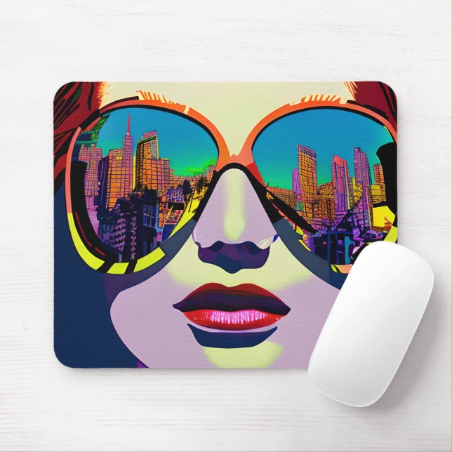 Mousepad Mulher Abstrata de Óculos de Sol com Reflexo da Ci (Com mouse)