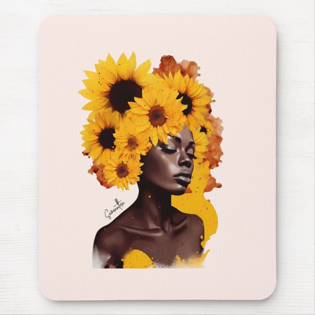 Mousepad Mulher afro-americana com afro afro girassol (Frente)