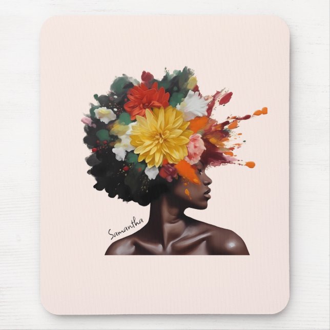 Mousepad Mulher Afro-Americana com Cabelo Afro Floral (2) (Frente)